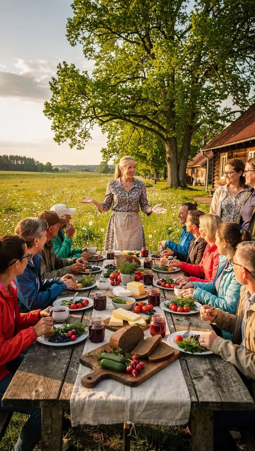 A vintage car parked near a traditional Latvian farmhouse showcasing local architecture and heritage.