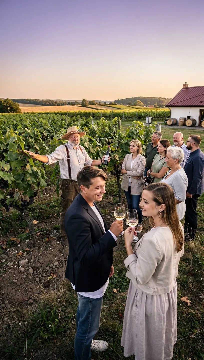 Travelers exploring a picturesque village with cobblestone streets and colorful buildings under a clear blue sky.